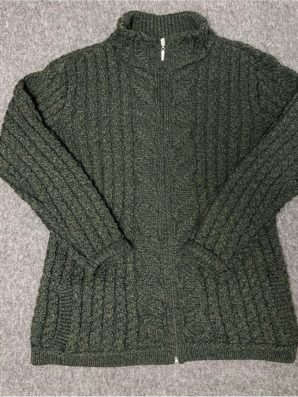 Aran Crafts Ireland 100% Merino Wool Green Cable Knit Cardigan L